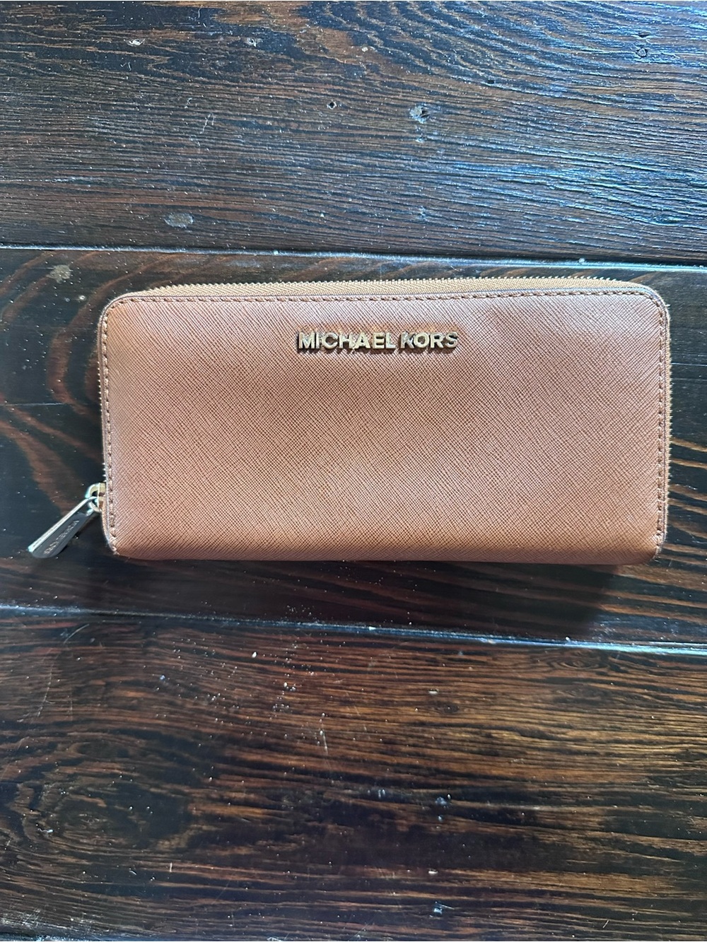 Michael Kors Tan/Brown Saffiano Zip-Around Wallet with Gold Logo